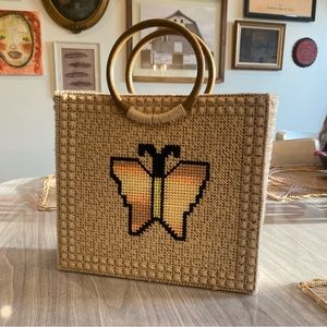 Cross stitch - needlepoint boho butterfly tote bag with wooden circular handles!